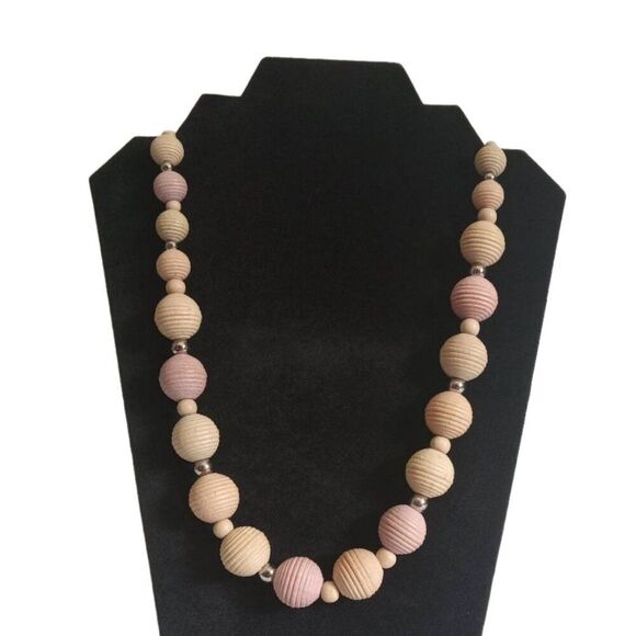 Light Pink and Tan Round Ribbed Wooden Beaded Lightweight Single Strand Necklace - Picture 1 of 9